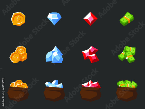 Money icons set. Isolated vector illustration of mobile game sprites. Design for stickers, logo, mobile app. Arcade or match 3 2d graphics game asset. Flat coin, ruby and dollar sprites sheet.