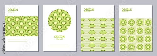 Set of flyers, posters, banners, placards, brochure design templates A6 size. Backgrounds with slices of kiwi. Fruits bright compositions. Vector illustrations.