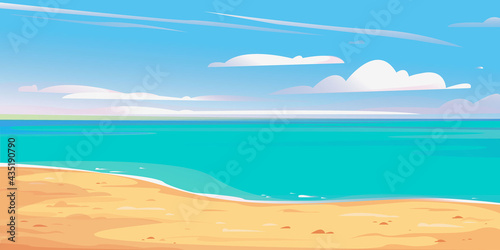 Deserted shore beach banner. Beautiful vector illustration. Blue sky and sandy shore. Summer vacation by the sea. Rest in Thailand. Hawaii resort. Template for text cartoon