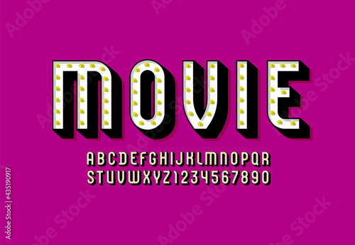 3D modern Font, retro alphabet, condensed letters and numbers with light bulbs, vector illustration 10eps