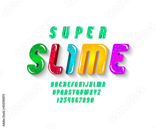 Super slime font, cute alphabet in the cartoon style, red rounded italic letters from A-Z and numbers from 0-9 for you designs: logo, t-shirt, card, poster, vector illustration 10EPS