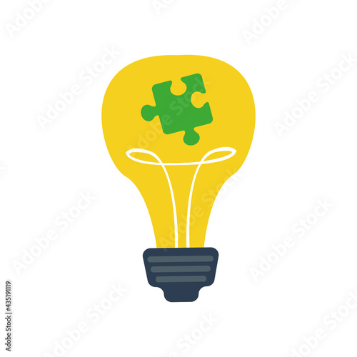 A yellow incandescent light bulb with a puzzle piece inside. Autism symbol. Psychological disorder help. Vector illustration in flat style. Isolated clipart on white background.