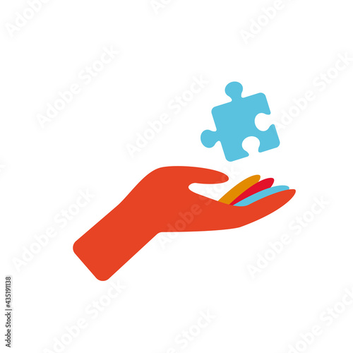 Autism disease symbol. The hand that holds the detail of the puzzle, children s puzzle. Minimalistic isolated clipart red