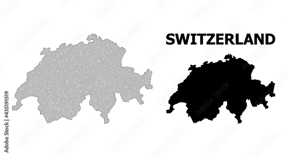 Polygonal mesh map of Switzerland in high detail resolution. Mesh lines, triangles and dots form map of Switzerland.