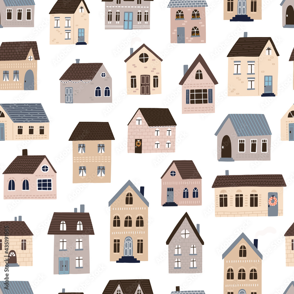 Seamless pattern with cute houses. HAnd drawn vector illustration