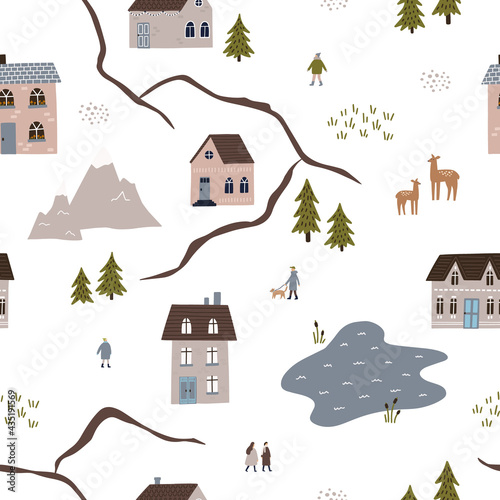 Town map with cute houses, roads, trees and people. HAnd drawn vector illustration. Seamless pattern