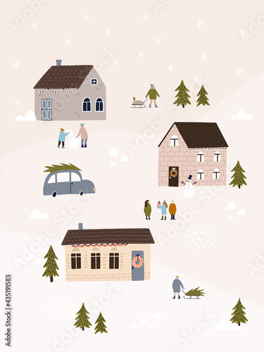 Winter landcape with cute houses, cars and people. Holiday concept for greeting card. Hand drawn vector illustration.