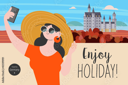 Travel on vacation and take selfies in the background of the sights. Enjoy holiday. Vector illustration.