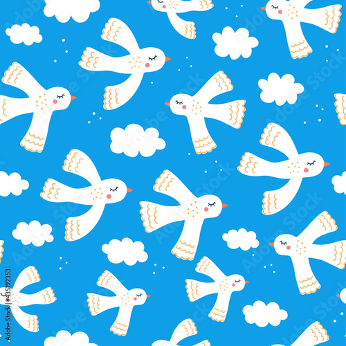 Seamless pattern with stylized flying birds. Birds, clouds on a blue background. Pattern for kids and babies. Childish background. Scandinavian children's texture for fabric, wraps, textiles,Wallpaper