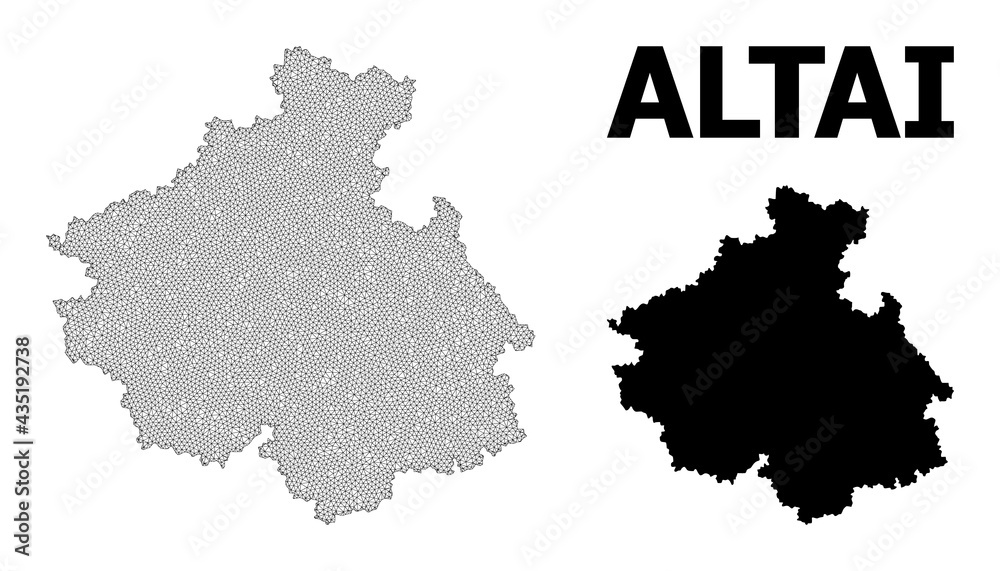 Polygonal mesh map of Altai Republic in high detail resolution. Mesh lines, triangles and points form map of Altai Republic.