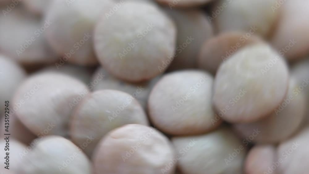 Background with raw lentils. Lentil grains rotate on a wooden surface. Video in warm colors. blurry in soft focus at high magnification. Details on the surface of the grains. Background with raw lentils. Lentil grains rotate on a wooden surface. Video in warm colors. blurry in soft focus at high magnification. Details on the surface of the grains.