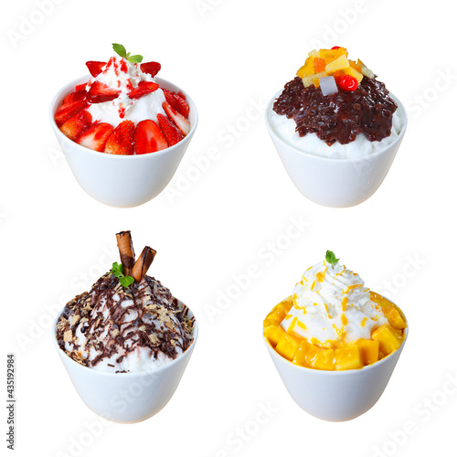 Bingsu is a popular Korean shaved ice dessert with sweet toppings that may include chopped fruit, condensed milk, fruit syrup, and red beans.