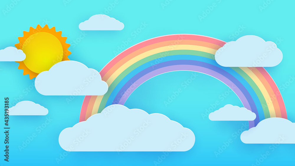 Beautiful fluffy clouds against a blue sky with the summer sun and a rainbow. Vector illustration. Paper cut style. Beautiful fluffy clouds against a blue sky with the summer sun and a rainbow. Vector illustration. Paper cut style.