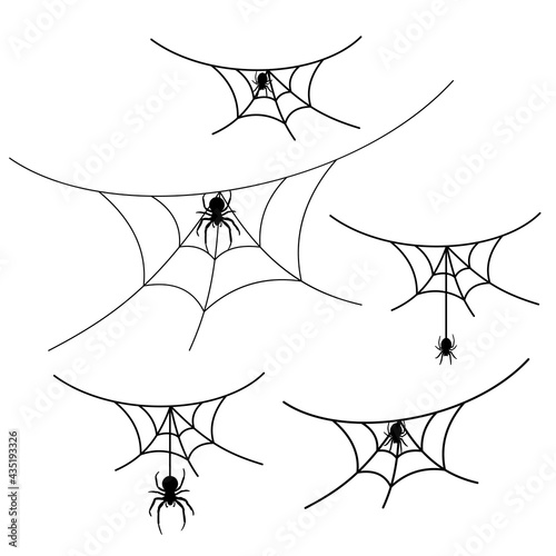Scary spider web set isolated white background. Cobweb, black spider. Halloween horror decoration. Spooky fear spiderweb. Simple sketch cobweb. Hanging spider cartoon silhouette Vector illustration