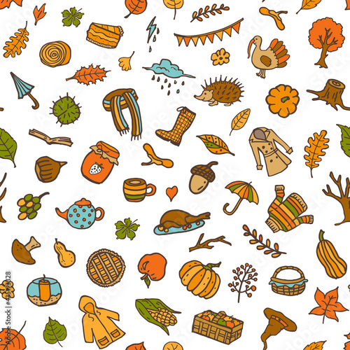 colorful seamless pattern with autumn fall thanksgiving cute doodle decoration elements