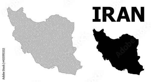 Polygonal mesh map of Iran in high detail resolution. Mesh lines, triangles and dots form map of Iran. High resolution wire frame carcass polygonal line network in vector format on a white background.