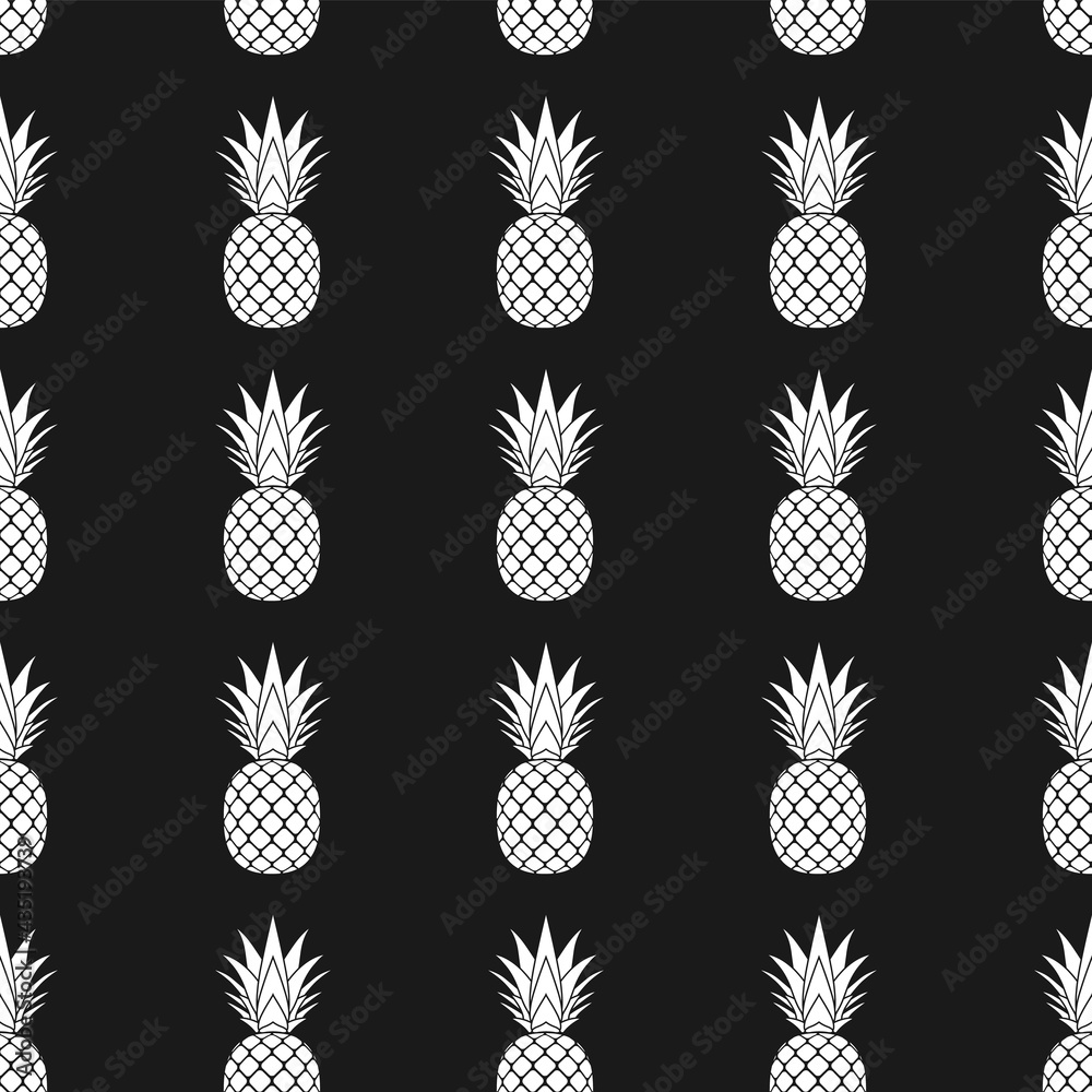 Pineapple seamless pattern. White tropical fruits textile texture on black background. Food print, fabric wrapping decorative backdrop. Typography graphic. Repeat design element. Vector illustration