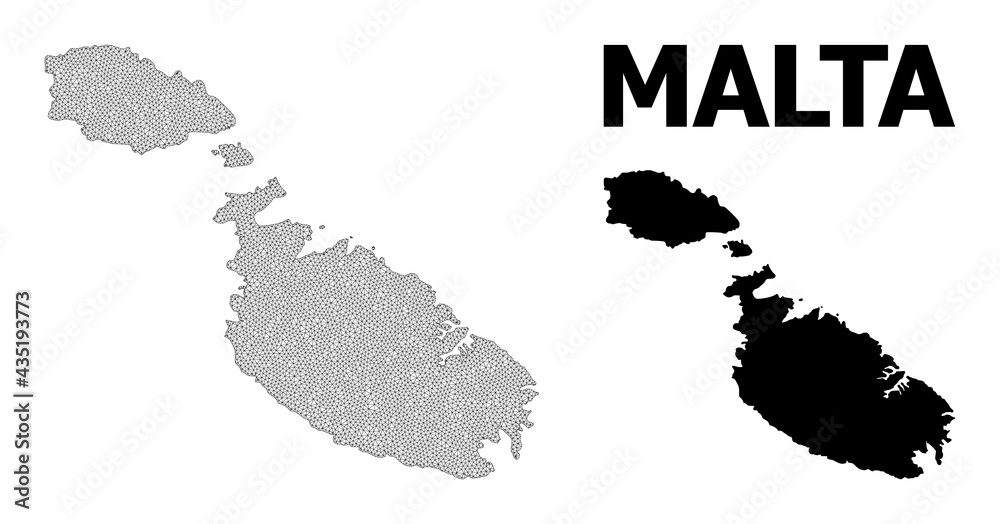 Polygonal mesh map of Malta in high resolution. Mesh lines, triangles and points form map of Malta. High resolution wire frame carcass polygonal line network in vector format on a white background.