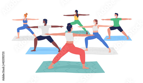 Yoga class during pandemic flat color vector faceless character. Different men and women exercising. Activity for summer. Meditation isolated cartoon illustration for web graphic design and animation