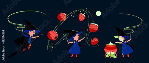 Set with a little cute witch for Halloween. A girl flies on a broomstick, prepares a potion, conjures over pumpkins at night in the light of the moon. Flat vector illustration.