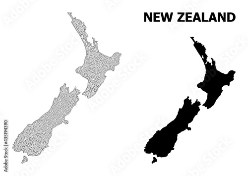 Polygonal mesh map of New Zealand in high detail resolution. Mesh lines, triangles and points form map of New Zealand.