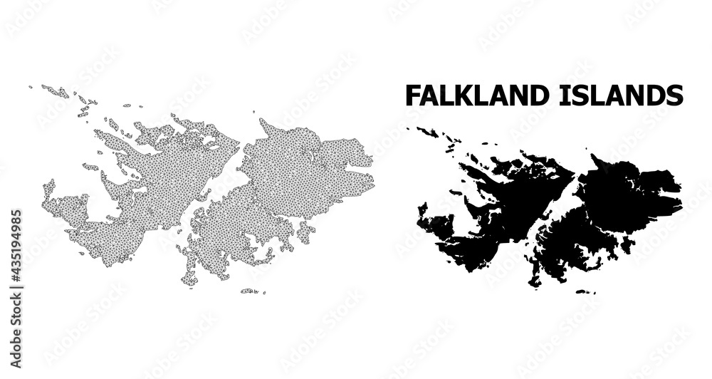 Polygonal mesh map of Falkland Islands in high resolution. Mesh lines, triangles and dots form map of Falkland Islands.