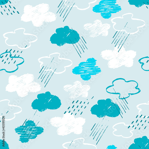 Seamless pattern with with pale blue sky and rainy clouds. Childs drawing style. Wallpaper, backgound for kids. Perfect for baby, toddler clothing, bed linen