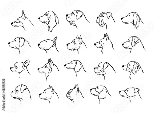 collection of dogs heads profile side view portraits silhouettes in black color