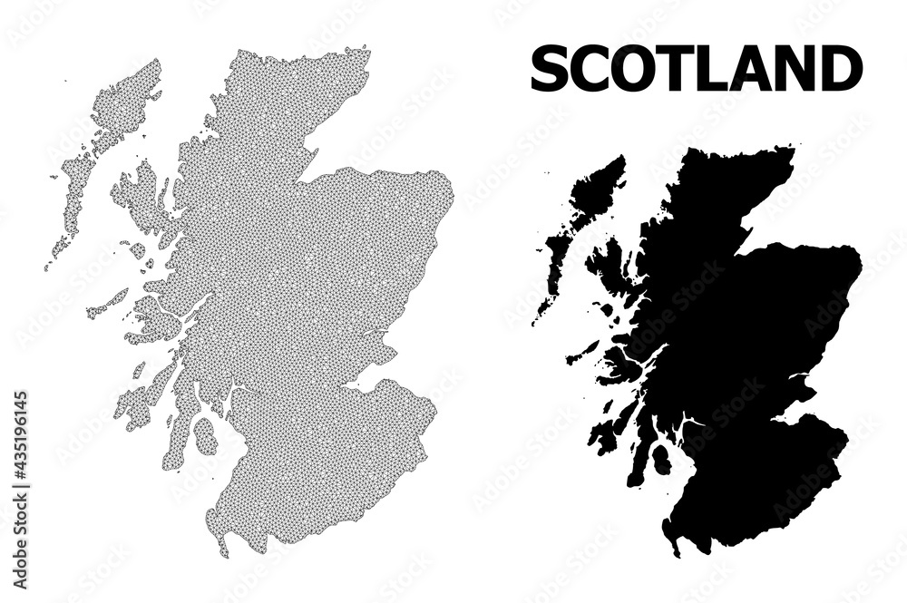 Polygonal mesh map of Scotland in high resolution. Mesh lines, triangles and dots form map of Scotland.