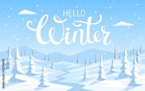 winter snow landscape background with pine trees