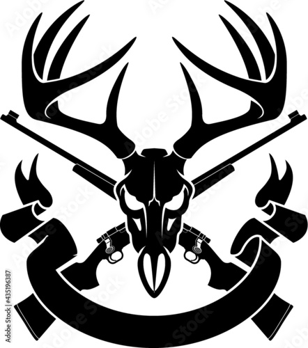 deer skull with crossing hunting rifles and banner