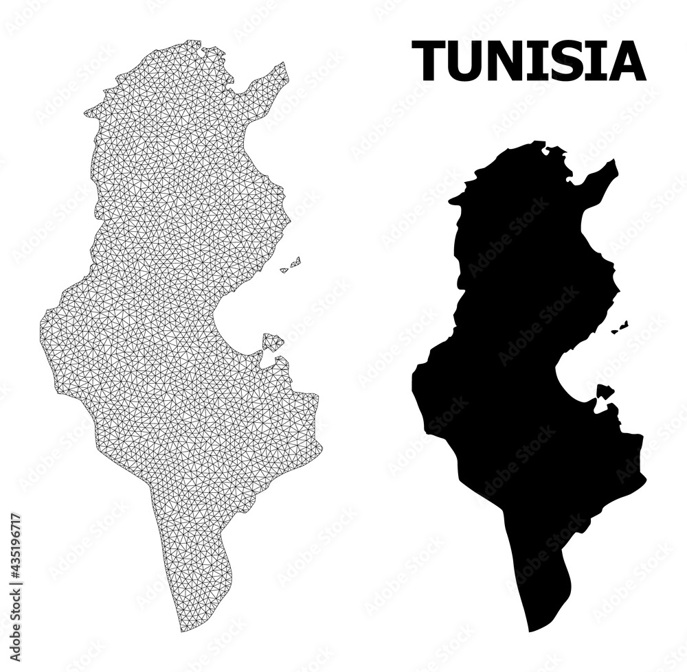 Polygonal mesh map of Tunisia in high resolution. Mesh lines, triangles and dots form map of Tunisia. High resolution wire frame carcass polygonal line network in vector format on a white background.