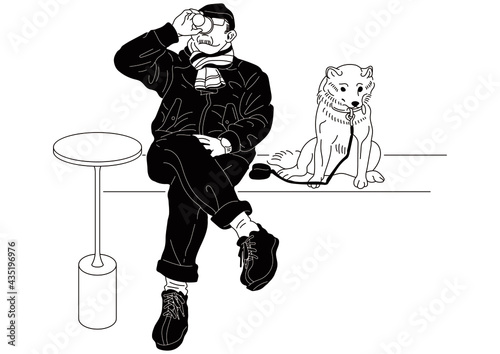 A Men Drank Coffee And Sat Outside With His Dog. Vector Art. Illustration