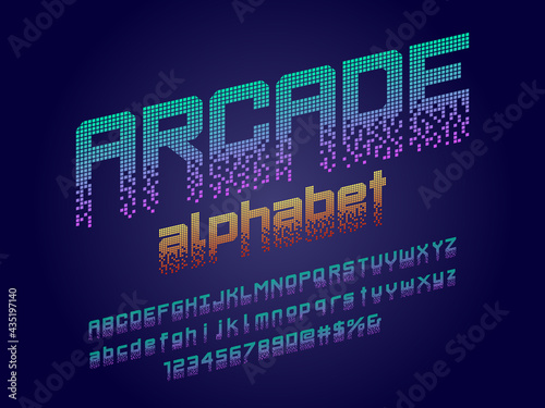 8 bit pixel style alphabet design with uppercase, lowercase, numbers and symbol
