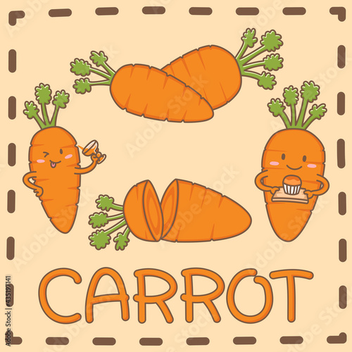 Carrot is a superfood, Carrots are rich of benefit nutrition, Design elements vector of cute carrot cartoon characters in funny actions, Cute cartoon hand drawn style.