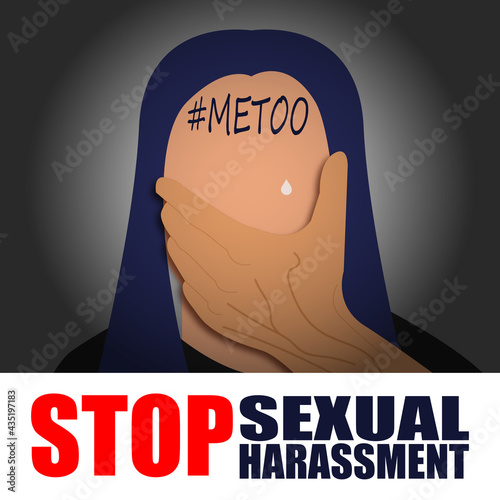 MeToo banner white woman in victim role, male hands. Campaign against sexual harassment, graphic female symbol, vector label concept