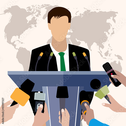 Press conference of president, politician speaker, reporter interview public