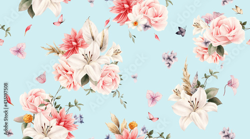 Seamless floral pattern with flowers on summer background  watercolor illustration. Template design for textiles  interior  clothes  wallpaper