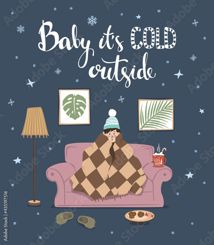 baby its cold outside handwritten quote, cute humor winter card with person sitting on couch under blanket at home