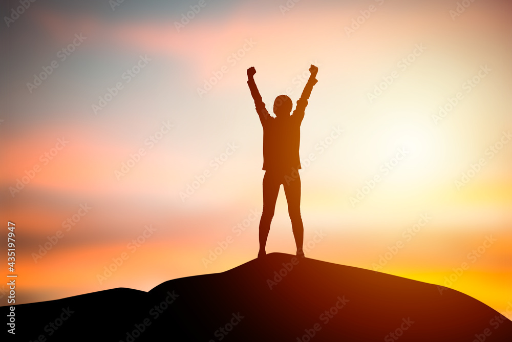 Silhouette women standing raise both hand with sunset blurry background. Concept of freedom, Success of life. Business and organization goal. Travel and adventure concept - obrazy, fototapety, plakaty 