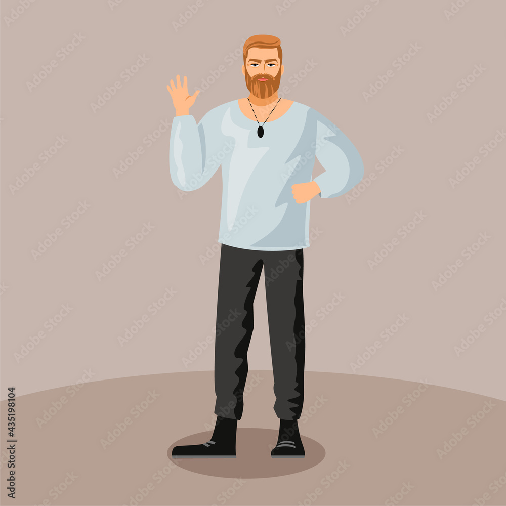 An affable bearded man in leather sheans and a simple shirt. Character on a monochrome background. An affable bearded man in leather sheans and a simple shirt. Character on a monochrome background.
