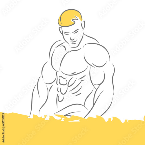 Bodybuilder's torso. Young fitness man. Sketchy art lines on a white background.