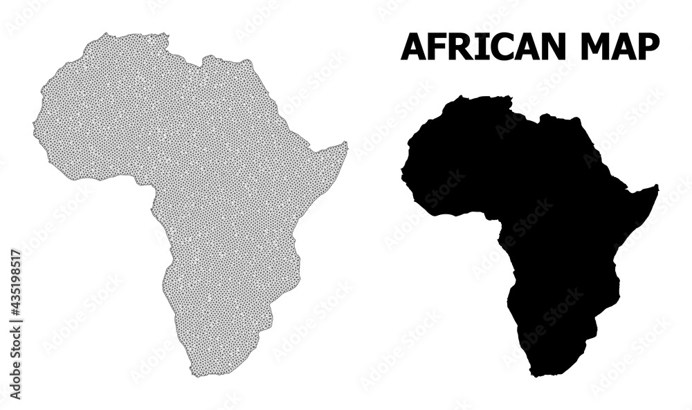 Polygonal mesh map of Africa in high detail resolution. Mesh lines, triangles and points form map of Africa.