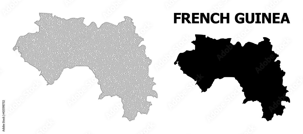 Polygonal mesh map of French Guinea in high detail resolution. Mesh lines, triangles and dots form map of French Guinea.