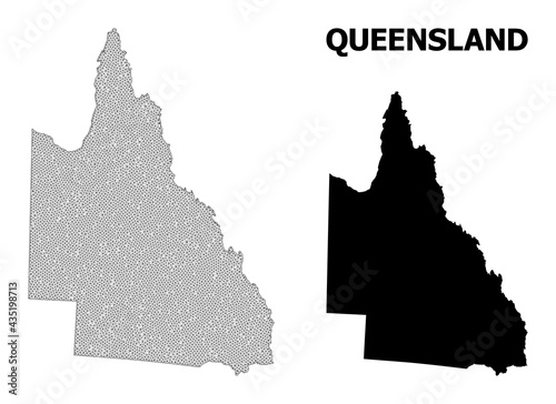 Polygonal mesh map of Australian Queensland in high detail resolution. Mesh lines, triangles and dots form map of Australian Queensland.