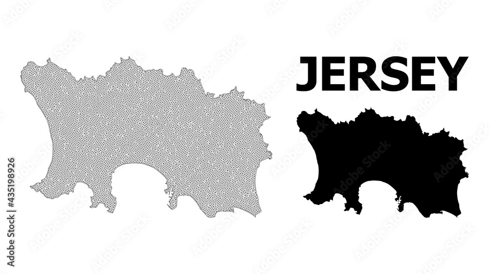 Polygonal mesh map of Jersey Island in high detail resolution. Mesh lines, triangles and dots form map of Jersey Island.
