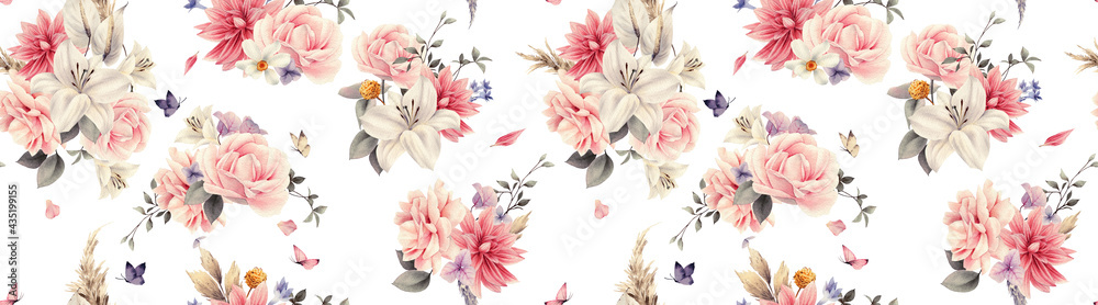 Seamless floral pattern with flowers on summer background, watercolor illustration. Template design for textiles, interior, clothes, wallpaper Seamless floral pattern with flowers on summer background, watercolor illustration. Template design for textiles, interior, clothes, wallpaper