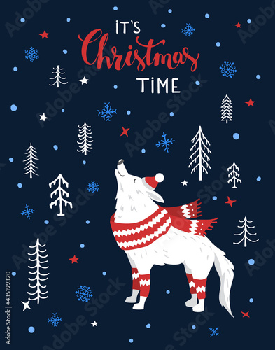 its christmas time greeting card  with arctic wolf in a cartoon forest over drk blue texture