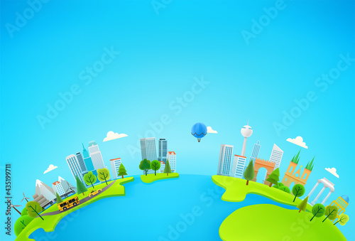 Landscape with green trees and modern city