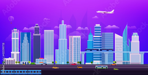Evening cityscape with different city transport